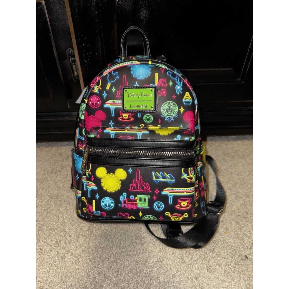 LOUNGEFLY DISNEY PARKS NEON GLOW ATTRACTION ICONS MINI BACKPACK NWT